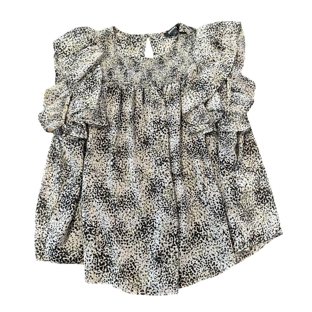 DKNY women’s green black and metallic gold abstract dot ruffle blouse, Size M